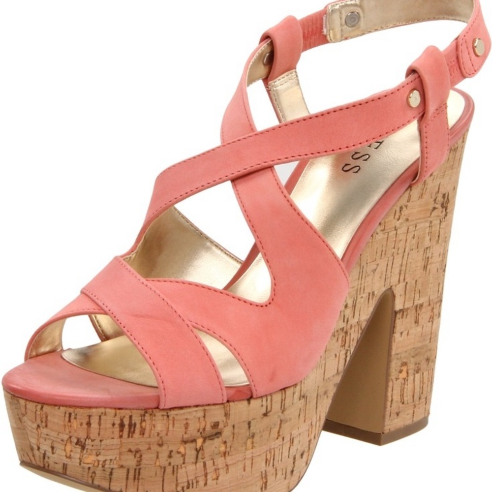 Guess GNKAYLA Coral Pink Platform Sandal with Cork Wedge 7